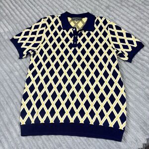Paisley & Gray Polo Shirt Mens Large Navy Yellow Lattice Knit Slim Fit Preppy